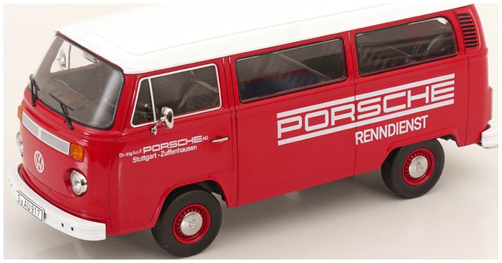 Available To Order – VW T2b Bus 1972 Red/White Porsche Renndienst 1:18 (KKS DC181364)