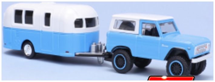 Available to Order – Ford Bronco 1966 + Camper Trailer Blue White 1:64 (MAI 15368-23038)