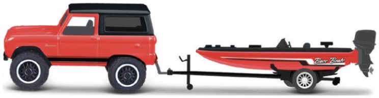 Available to Order – Ford Bronco 1966 + Trailer + Bass Boat Red/Black 1:64 (MAI 15368R)