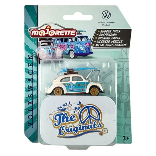 THIS ITEM IS AVAILABLE TO ORDER FROM OUR SUPPLIER - 1:64 MAJORETTE MAJ212055005B VW BEETLE WITH SURFBOARD (BLUE & WHITE) WITH COLLECTORS TIN