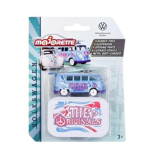THIS ITEM IS AVAILABLE TO ORDER FROM OUR SUPPLIER - 1:64 MAJORETTE MAJ212055005E VW T1 LOVEPEACE MUSIC WITH SURFBOARD (BLUE & PURPLE) WITH COLLECTORS TIN
