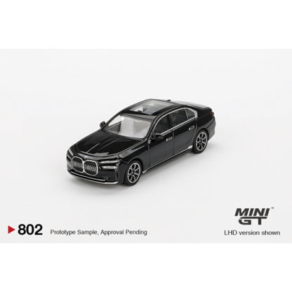 BMW i7 eDrive50 Black Sapphire (LHD) Blister Packaging 1:64 Mini GT Model Car (MGT00802-BL)