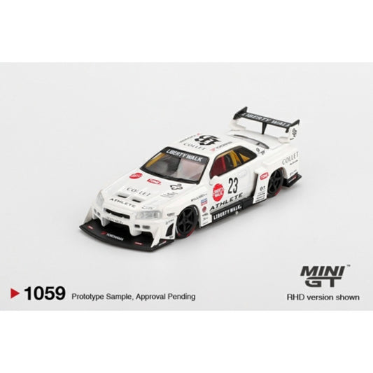 PRE ORDER STOCKS DUE DECEMBER 2025 / JANUARY 2026 1:64 MINI GT MGT01059-BL NISSAN LB-ER34 SUPER SILHOUETTE ATHLETE/COLLET (RHD) BLISTER PACKAGING