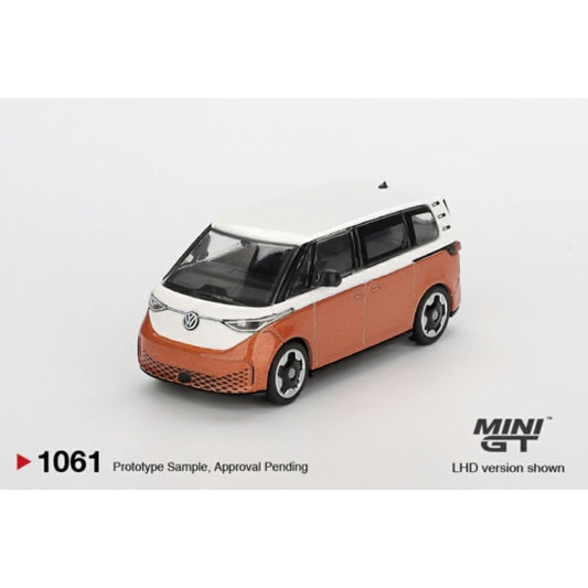 PRE ORDER STOCKS DUE DECEMBER 2025 / JANUARY 2026 1:64 MINI GT MGT01061-R VOLKSWAGEN ID.BUZZ CANDY WHITE/ENERGETIC ORANGE (RHD)