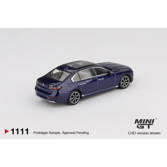 BMW I7 XDRIVE60 Tanzanite Blue Metallic (LHD) Blister Packaging 1:64 Mini GT Model Car (MGT01111-BL)