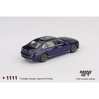 BMW I7 XDRIVE60 Tanzanite Blue Metallic (RHD) 1:64 Mini GT Model Car (MGT01111-R)