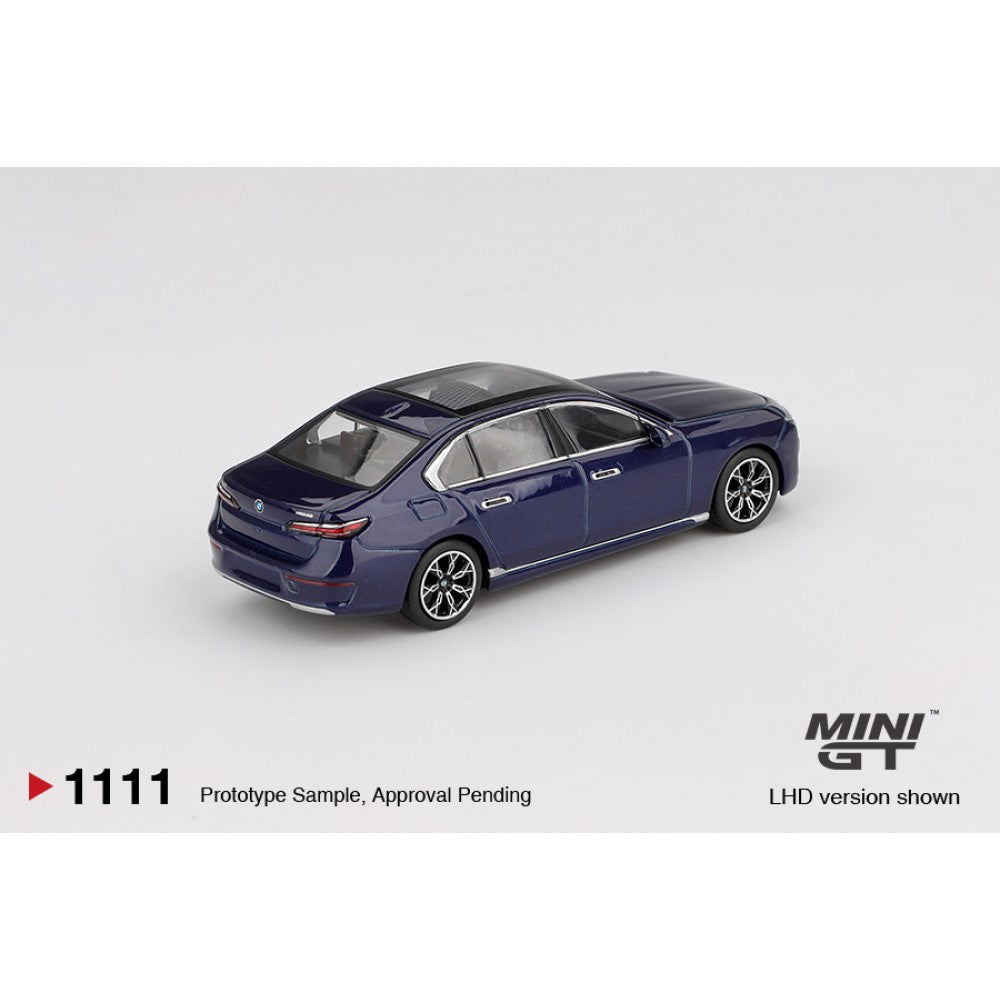 BMW I7 XDRIVE60 Tanzanite Blue Metallic (LHD) 1:64 Mini GT Model Car (MGT01111-L)