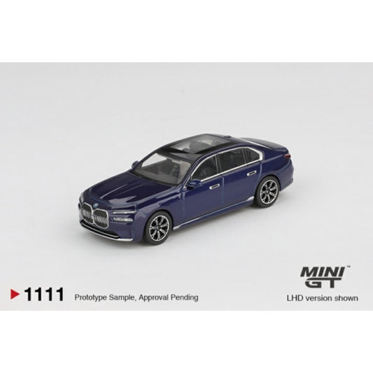 PRE ORDER STOCKS DUE JANUARY / FEBRUARY 2026 1:64 MINI GT MGT01111-L BMW I7 XDRIVE60 TANZANITE BLUE METALLIC (LHD)
