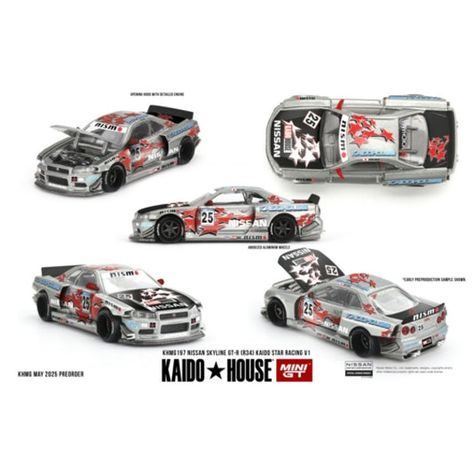 PRE ORDER STOCKS DUE NOVEMBER / DECEMBER 2025 1:64 MINI GT MGTKHMG197 NISSAN SKYLINE GT-R (R34) KAIDO STAR RACING V1