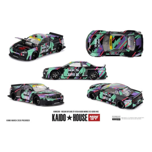 Pre-Order – Nissan Skyline GT-R R34 Kaido Works (V2 Aero) HKS MGTKHMG280 Stocks Due Oct / Nov 2026 1:64 Mini GT Diecast Model Stocks Due Oct / Nov 2026