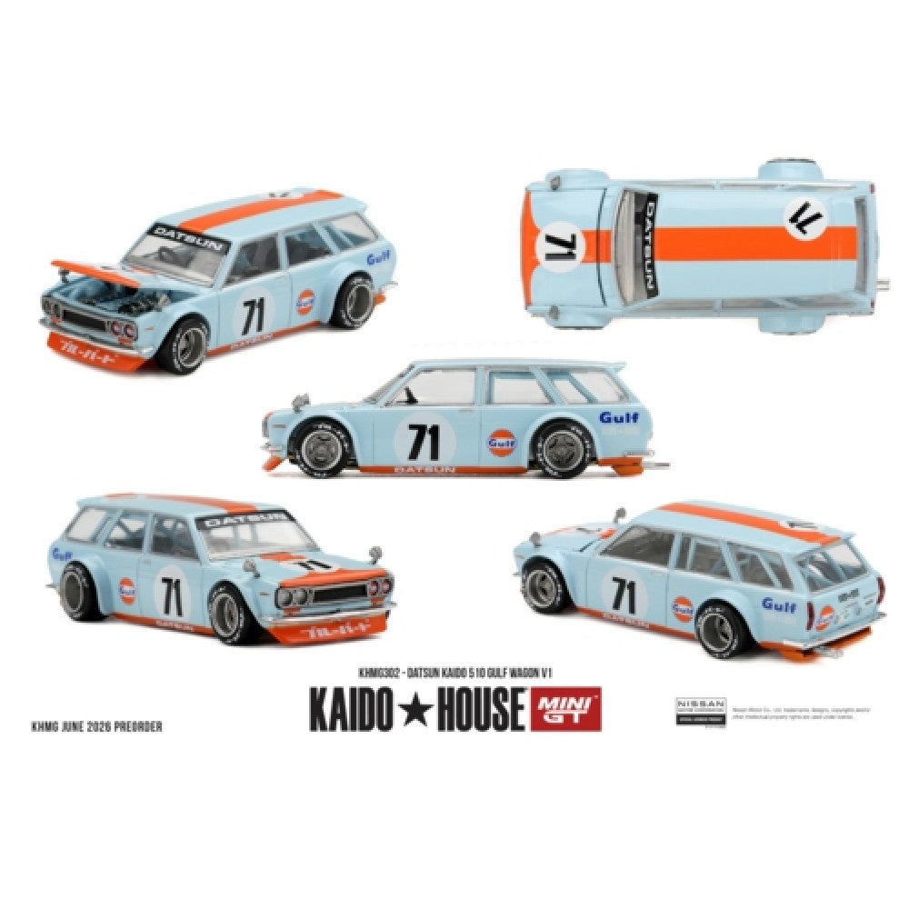 Pre-Order – Datsun Kaido 510 Gulf Wagon V1 1:64 Mini GT Model Car (MGTKHMG302) Eta March / April 2027 Stocks Due Aug / Sept 2026