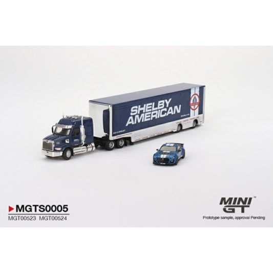 1/64 MINI GT MGTS0005 SHELBY TRANSPORTER SET INCLUDED WESTERN STAR 49X W/RACING TRANSPORTER AND SHELBY GT500 SE WIDEBODY FORD PERFORMANCE BLUE (LHD) (MIJO EXCLUSIVE)