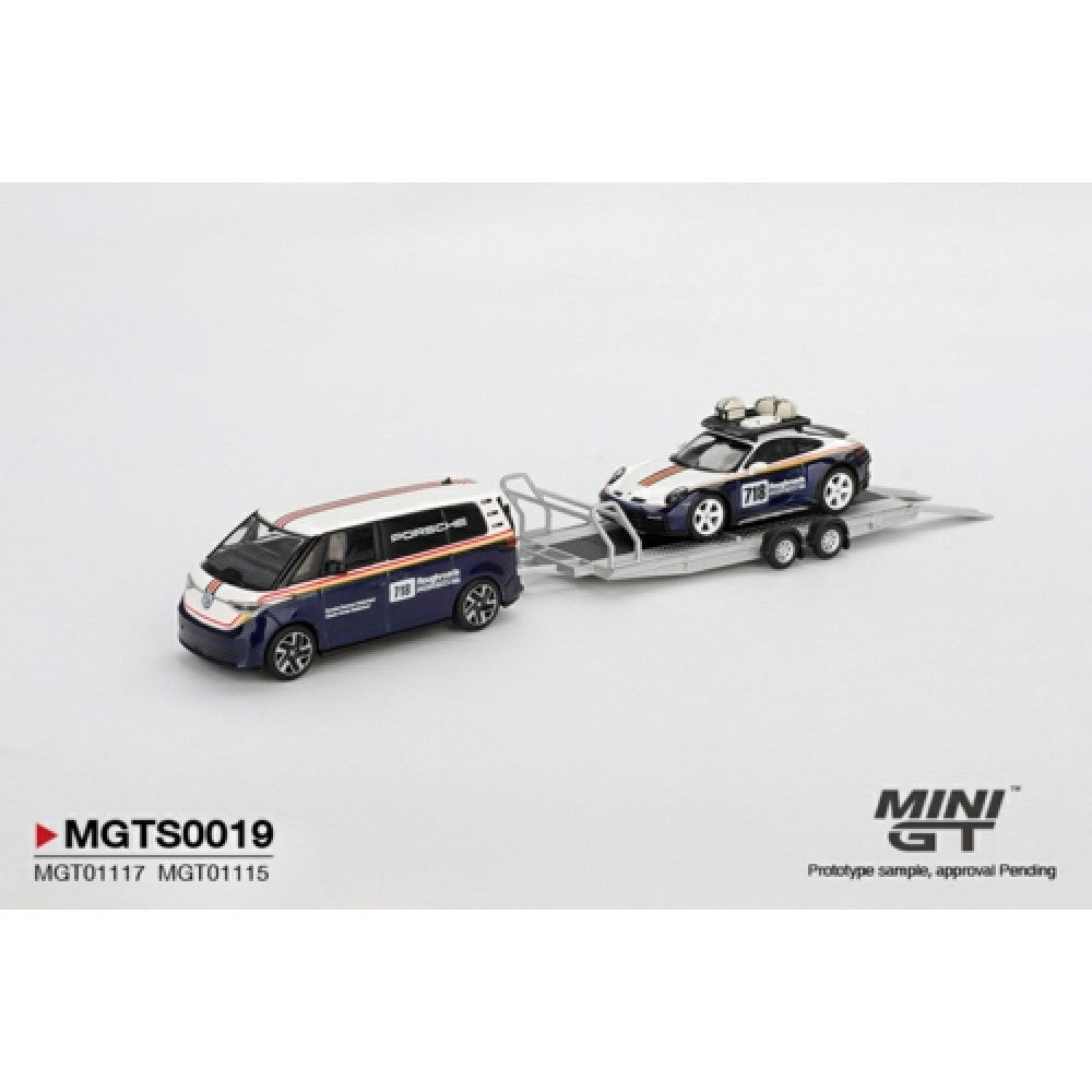 PRE ORDER STOCKS DUE FEBRUARY / MARCH 2026 1/64 MINI GT MGTS0019 PORSCHE 911 DAKAR NO.718 / VOLKSWAGEN ID. BUZZ PORSCHE CENTRUM GELDERLAND ROUGHROADS SET