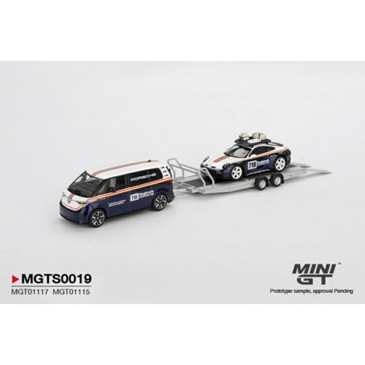 PRE ORDER STOCKS DUE FEBRUARY / MARCH 2026 1/64 MINI GT MGTS0019 PORSCHE 911 DAKAR NO.718 / VOLKSWAGEN ID. BUZZ PORSCHE CENTRUM GELDERLAND ROUGHROADS SET