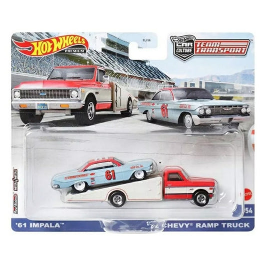 Available to Order from Supplier - 1:64 HOTWHEELS Team Transport '61 Impala '72 Chevy Ramp Truck #54 MHWFLF56-HKF40
