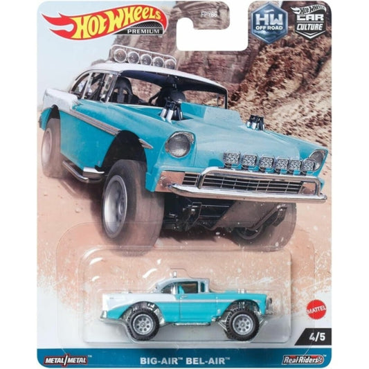 THIS ITEM IS AVAILABLE TO ORDER FROM OUR SUPPLIER - 1:64 MHWFPY86-HKC74 HOTWHEELS CAR CULTURES OFF ROAD BIG-AIR BEL-AIR (TEAL/WHITE) 4/5