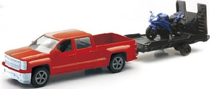 Available To Order – Chevrolet Silverado 1500 Crew Cab 2014 Red w/Trailer and Sport Bike Asst #19817W 1:43 (NEW 19535C)
