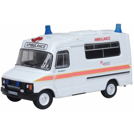 Available To Order – Bedford Cf Hanlon Ambulance Merseyside Ambulance Service 1:76 Oxford Diecast Model (OX76HAN001)
