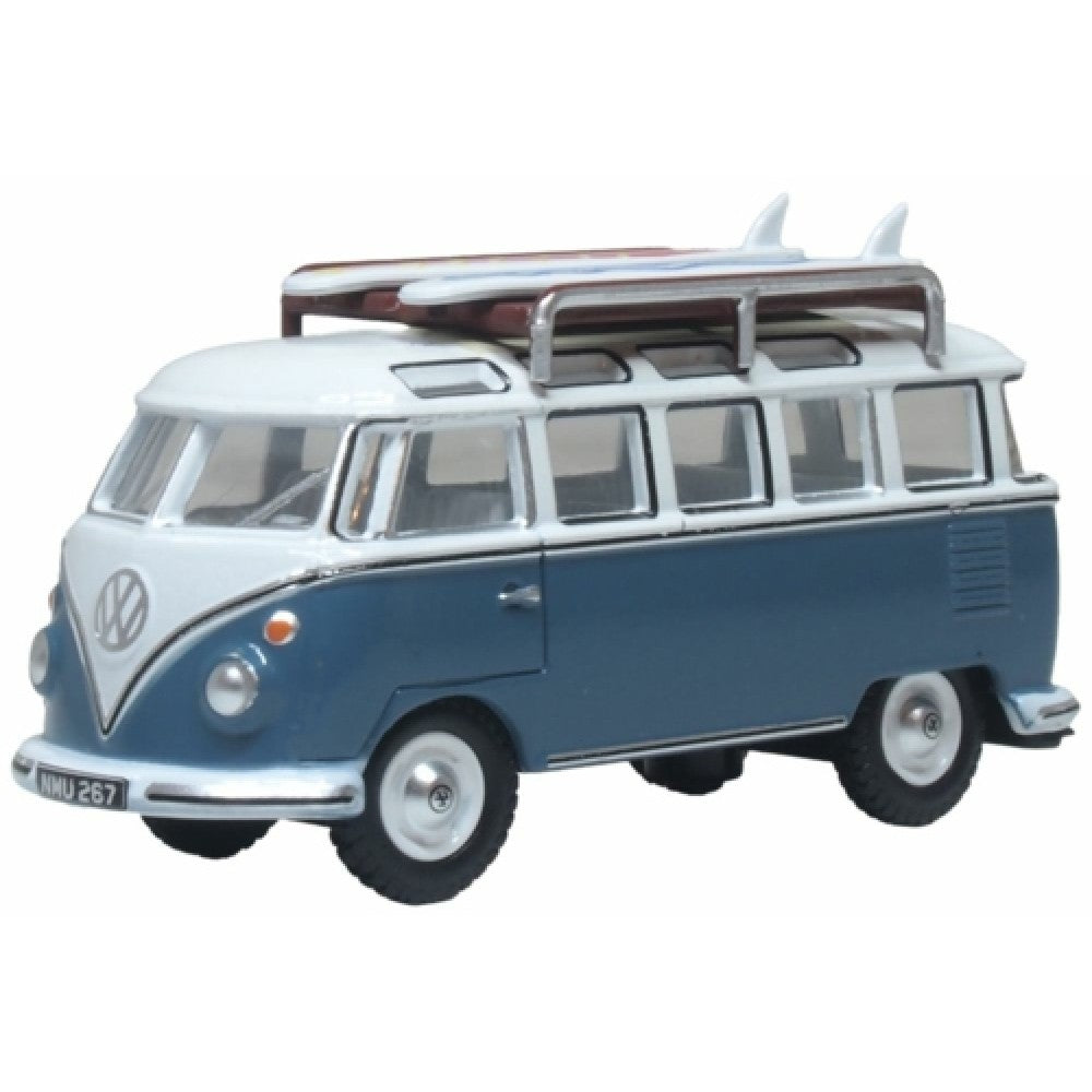 Available to Order – VW T1 Samba Bus/surfboards Gulf Blue/white 1:76 Oxford Diecast Model (OX76VWS016)