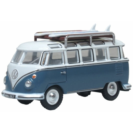 Available to Order – VW T1 Samba Bus/surfboards Gulf Blue/white 1:76 Oxford Diecast Model (OX76VWS016)