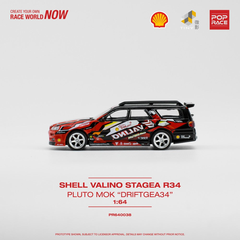 Shell Valino Nissan Stagea R34 Pluto Mok Driftagea 34 1:64 Pop Race Model Car (PR640038)