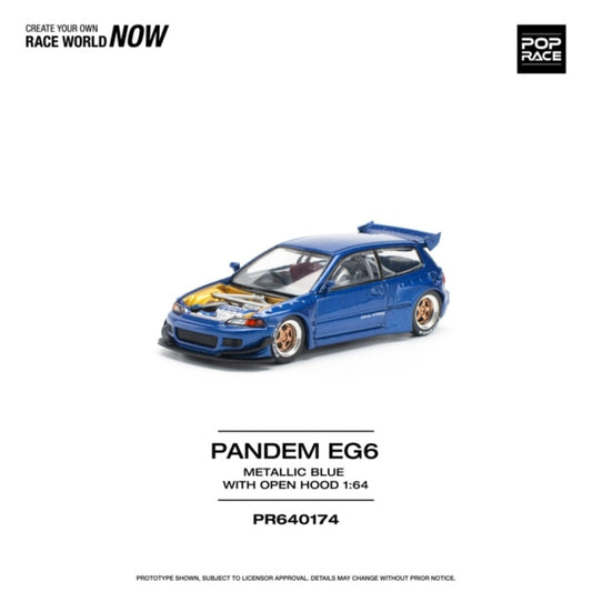 PRE ORDER STOCKS DUE MAY / JUNE 2025 1:64 POP RACE PR640174 HONDA PANDEM CIVIC EG6 METALLIC BLUE W/OPEN HOOD