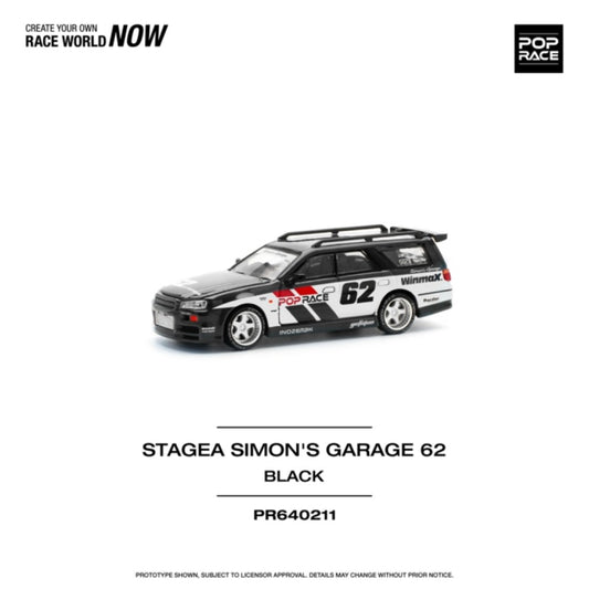 PRE ORDER STOCKS DUE APRIL / MAY 2025 1:64 POP RACE PR640211 NISSAN STAGEA SIMONS GARAGE #62 BLACK