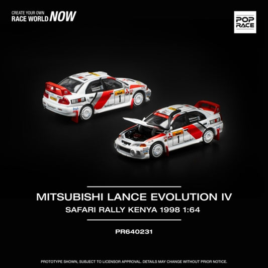 PRE ORDER STOCKS DUE AUGUST / SEPTEMBER 2025 1:64 POP RACE PR640231 MITSUBISHI LANCER EVOLUTION IV SAFARI RALLY KENYA 1998 #1