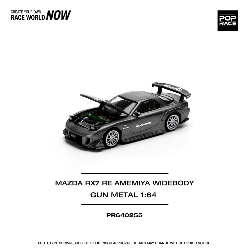 Mazda RX-7 Re-Amemiya Gun Metal with Opening Bonnet 1:64 Pop Race Model Car (PR640255)