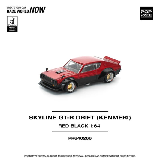 PRE ORDER STOCKS DUE NOVEMBER / DECEMBER 2025 1/64 POP RACE PR640266 NISSAN SKYLINE GT-R DRIFT KPGC110 KENMERI - RED/BLACK