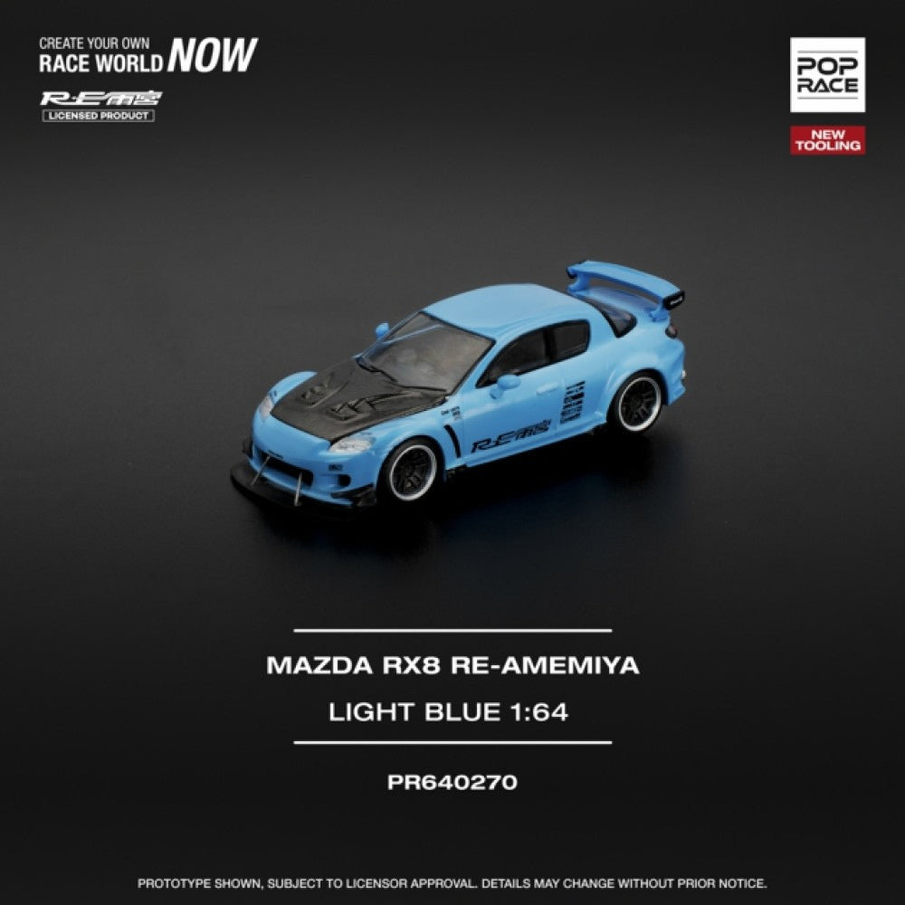PRE ORDER STOCKS DUE SEPTEMBER / OCTOBER 2025 1/64 POP RACE PR640270 MAZDA RX-8 RE-AMEMIYA - LIGHT BLUE