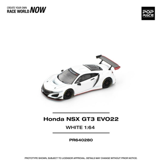 PRE ORDER STOCKS DUE NOVEMBER / DECEMBER 2025 1/64 POP RACE PR640280 HONDA NSX GT3 EVO22 - WHITE