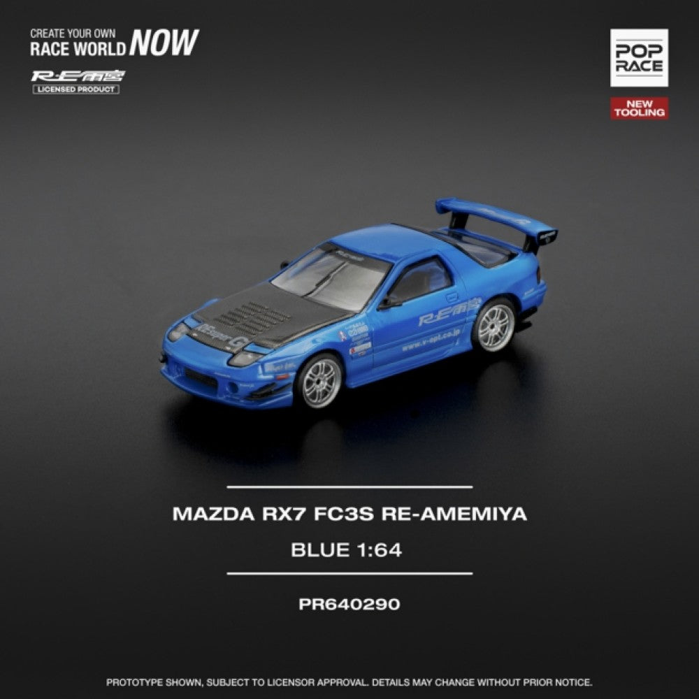 PRE ORDER STOCKS DUE SEPTEMBER / OCTOBER 2025 1/64 POP RACE PR640290 MAZDA RX7 (FC3S) RE-AMEMIYA BLUE