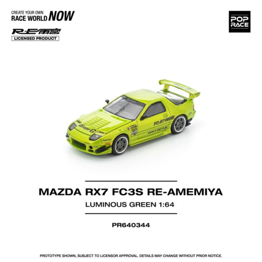 PRE ORDER STOCKS DUE DECEMBER 2025 / JANUARY 2026 1:64 POP RACE PR640344 MAZDA RX7 FC3S RE-AMEMIYA LUMINOUS GREEN