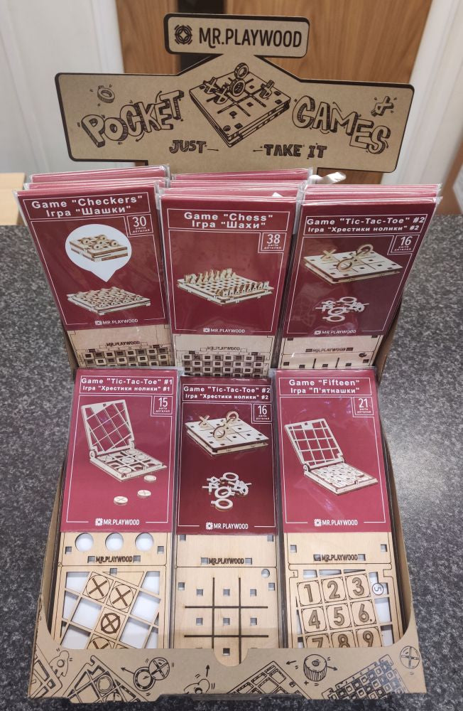 Counter display-30pc Assorted travel games Checkers/Chess/Fifteen/Tic-Tac-Toe v1&v2 Mr Playwood Model (PWD COUNTER)