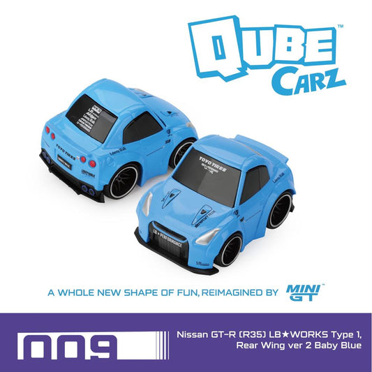 Pre-Order – Qubecarz Nissan GT-R (R35) LB Works Type 1, Rear Wing Ver 2 Baby Blue Blister Packaging QZ00609-BL Stocks Due Jul / Aug 2026 1:64 Mini GT Diecast Model Stocks Due Jul / Aug 2026