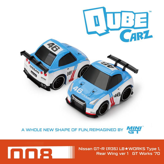 Pre-Order – Qubecarz Nissan GT-R (R35) Lbworks Type 1, Rear Wing Ver 1 GT Works '70 Blister Packging QZ00608-BL Stocks Due Jul / Aug 2026 1:64 Mini GT Diecast Model Stocks Due Jul / Aug 2026