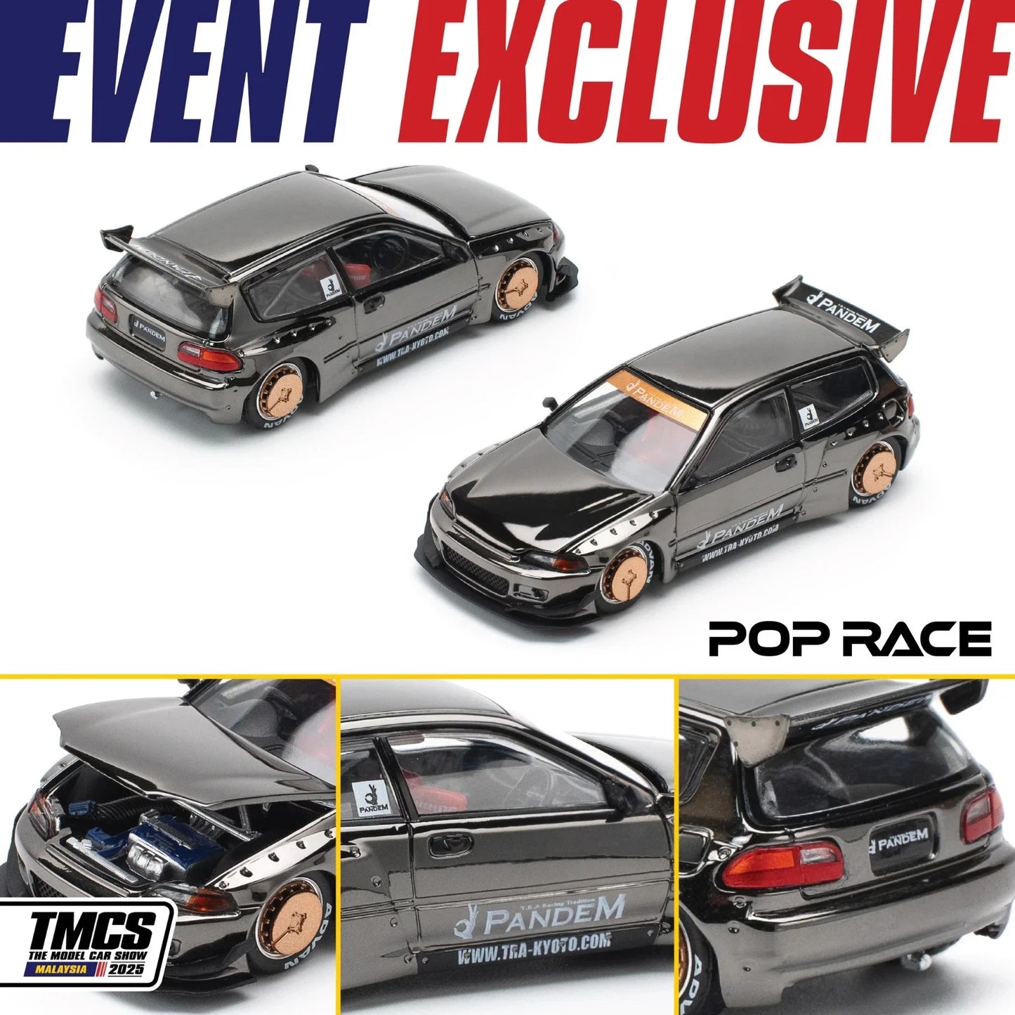 2025 The Model Car Show Exclusive Pandem Honda Civic EG6 Dark Chrome PR640208 1:64 Pop Race Diecast Model