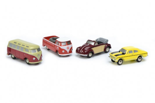 Available to Order – Piccolo 4 Piece Gift Set (vw Beetle/ VW T1 VW T1 Samba/opel Manta Rallye/vw T1 Pickup 1:90 Schuco Model (SHU 01854)