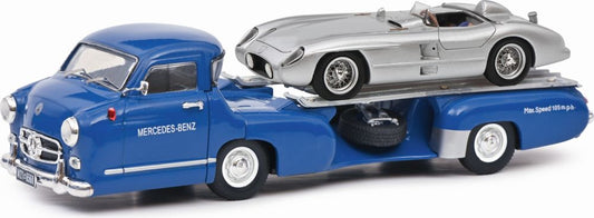 Available to Order – Mercedes Benz Race Transporter Blue Wonder with MB 300 SLR w/Figurine 1:43 (SHU 03768)