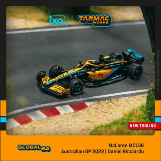 THIS ITEM IS AVAILABLE TO ORDER FROM OUR SUPPLIER - 1:64 TARMAC TCT64GF041DR1 2022 MCLAREN MCL36 NO.3 DANIEL RICCIARDO AUSTRALIAN GRAND PRIX, ORANGE/BLUE/BLACK