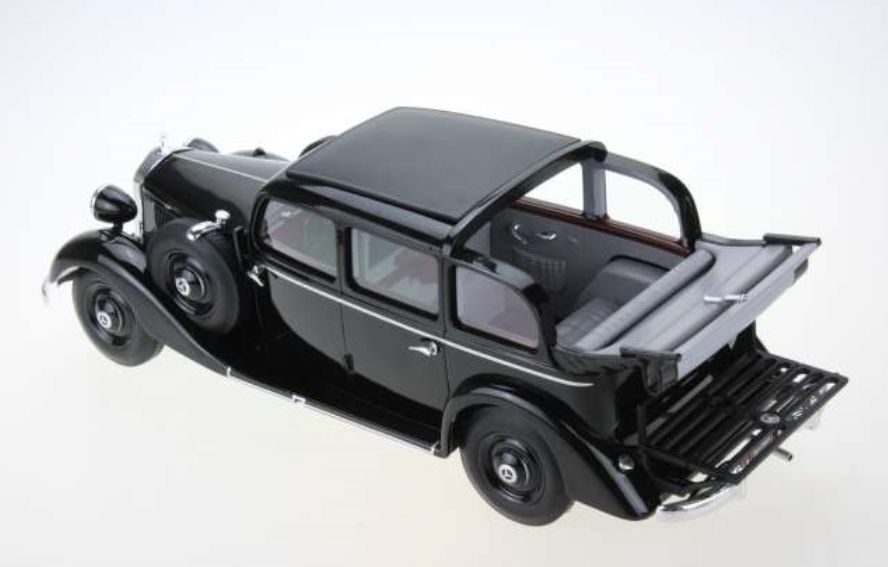 Available To Order – Mercedes 260D Pullman Landaulet 1936 Open Rear Roof Black + Brown Interior 1:18 Triple 9 Model (TRN R1800103)