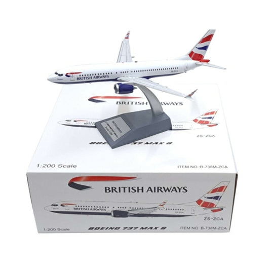THIS ITEM IS AVAILABLE TO ORDER FROM OUR SUPPLIER - 1:200 WB MODELS WB738MZCA B737-8MAX BRITISH AIRWAYS ZS-ZCA WITH STAND 73PCS