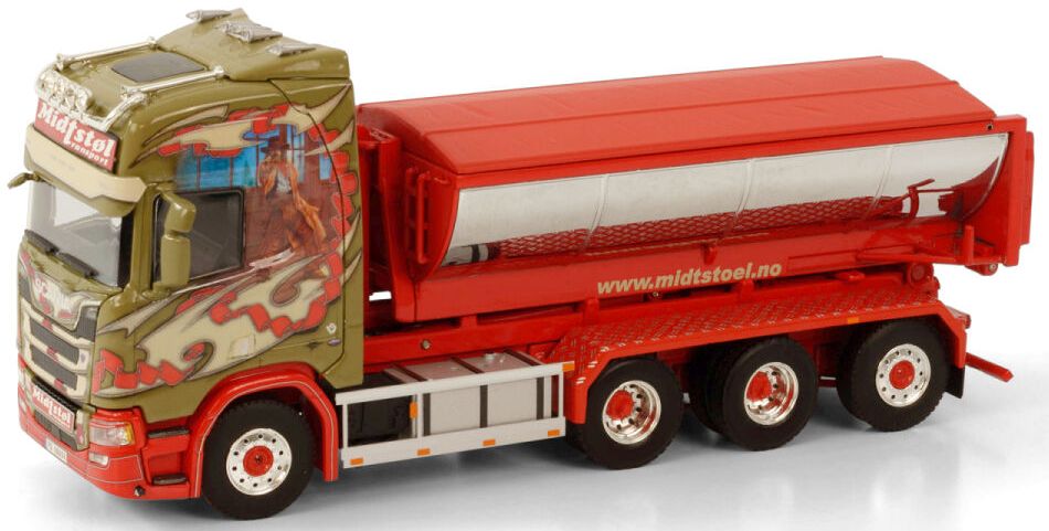 Available To Order – Scania R Highline CR20H 8x4 Riged Truck Hooklift System + Container 'Midtstol' 1:50 (WSI 01-3673)
