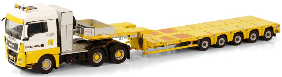 Available To Order – MAN TGX XLX 6x4 Nooteboom MCO-PX 5 Axle 'Mediaco' 1:50 (WSI 01-3684)