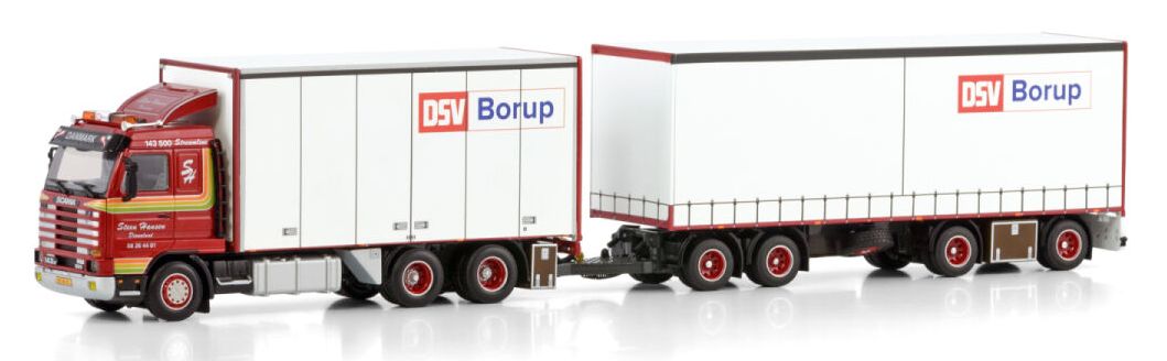 Available To Order – Scania 3 Series Streamline 6x2 Riged Box Drawbar Turntable Trailer 7 Axle 1:50 (WSI 01-4289)