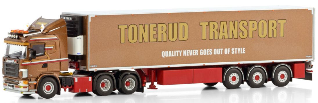 Available To Order – Scania 4 Series Flat Roof 6x2 TAG Axle Reefer Trailer Tonerud 1:50 (WSI 01-4396)