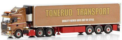 Available To Order – Scania 4 Series Flat Roof 6x2 TAG Axle Reefer Trailer Tonerud 1:50 (WSI 01-4396)