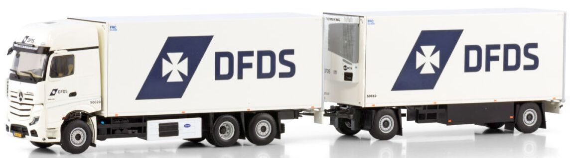Available To Order – Mercedes Actros MP5 Giga Space Riged Reefer 6x2 Reefer Drawbar Turntable DFDS 1:50 (WSI 01-4547)