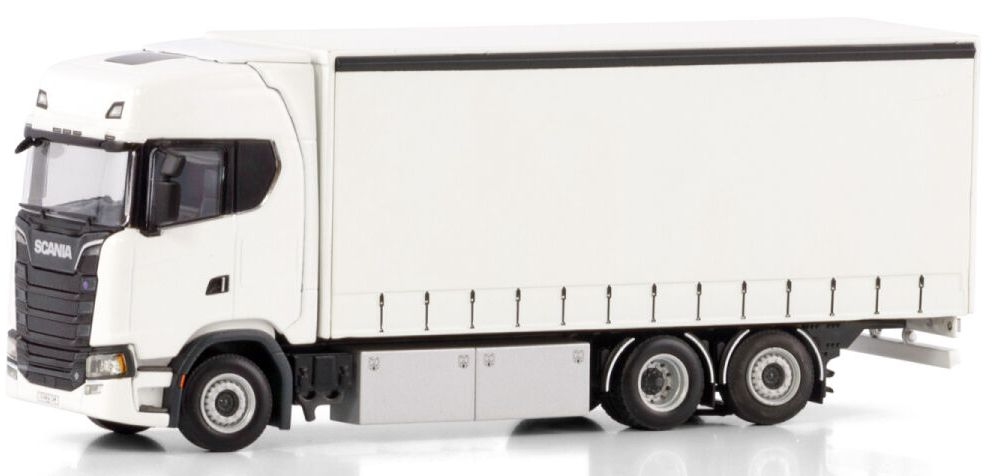Scania S Highline CS20H Riged Curtainside Truck 6x2 TAG Axle White Line 1:50 – diecast model